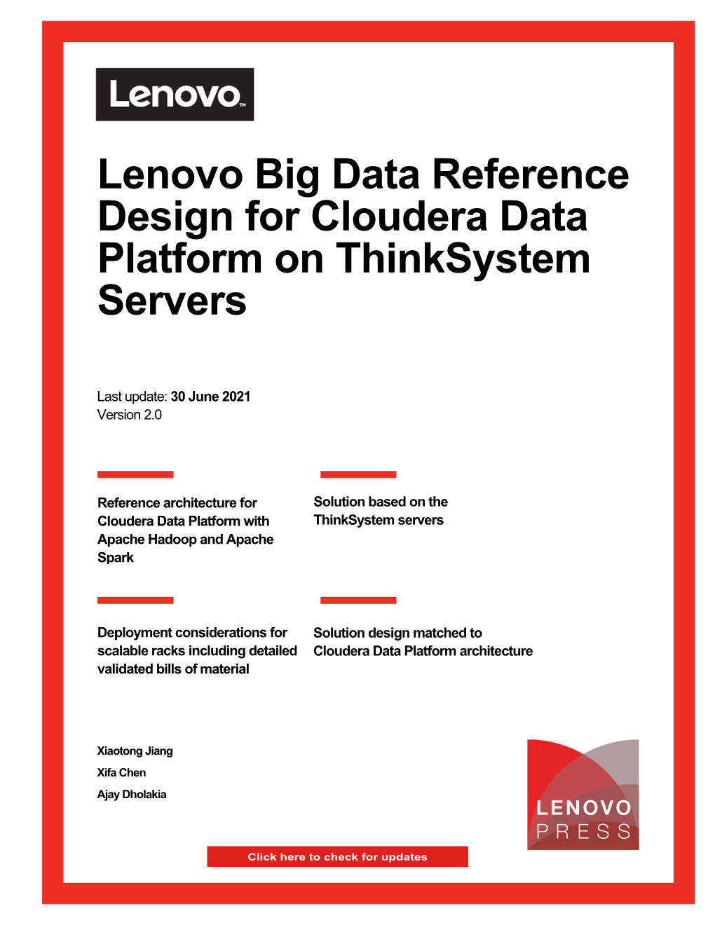 Lenovo Big Data Reference Design for Cloudera Data Platform on Thinksystem Servers