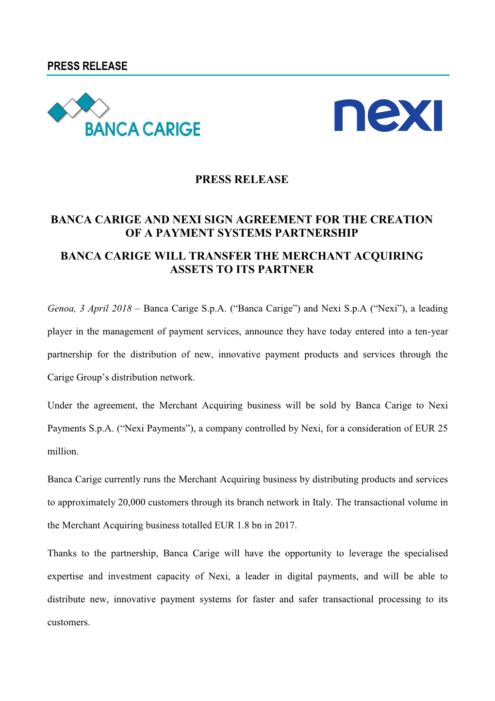 Banca Carige and Nexi Sign Agreement for the Creation of a Payment Systems Partnership