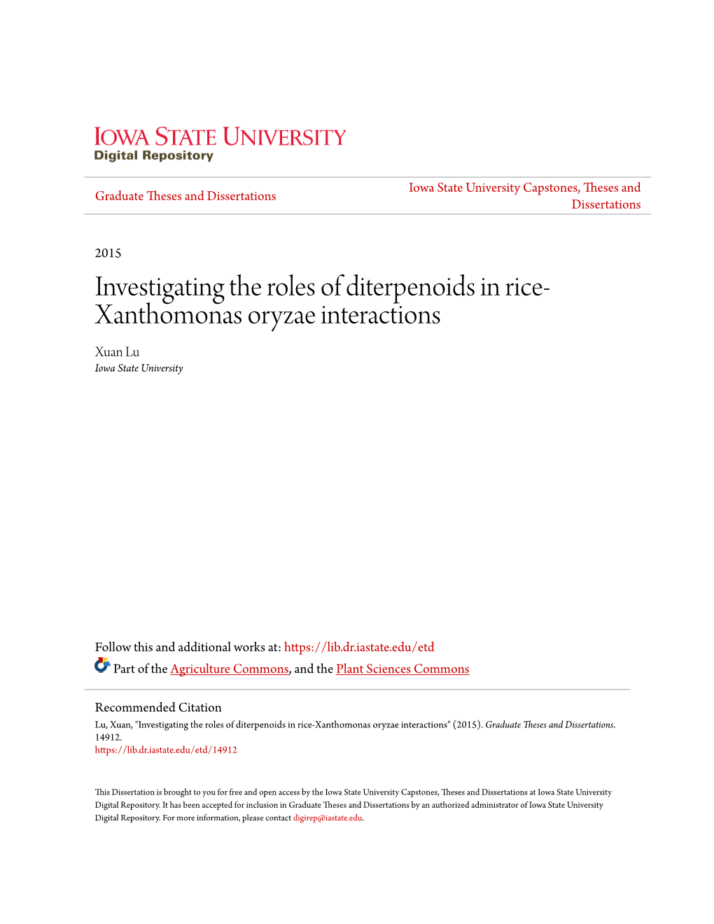 Investigating the Roles of Diterpenoids in Rice-Xanthomonas Oryzae Interactions" (2015)