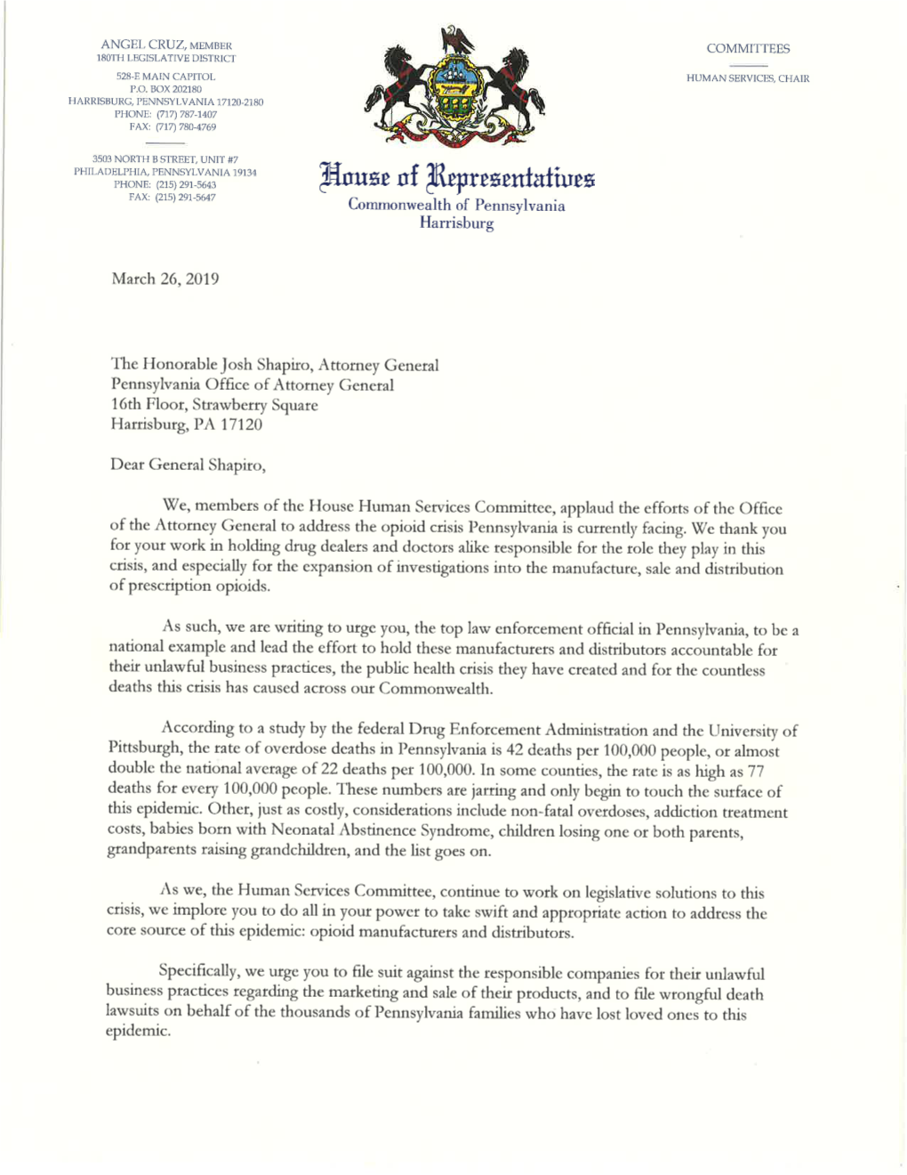 House Human Services Committee Letter to Attorney General Josh