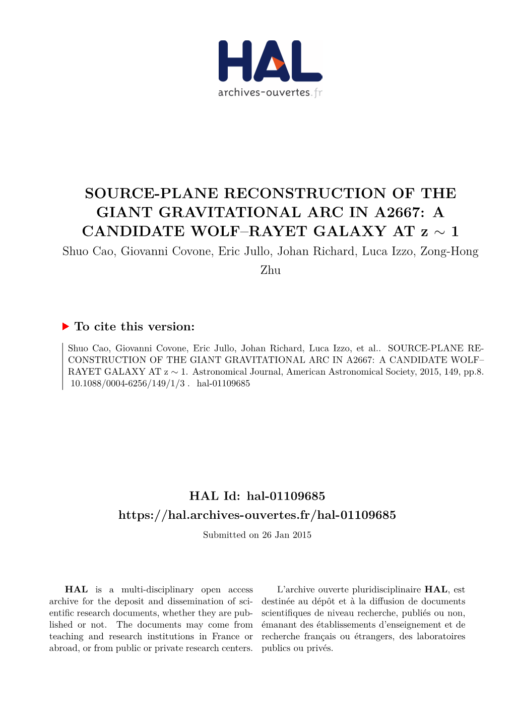 Source-Plane Reconstruction of the Giant Gravitational Arc in A2667: a Candidate Wolf–Rayet Galaxy At