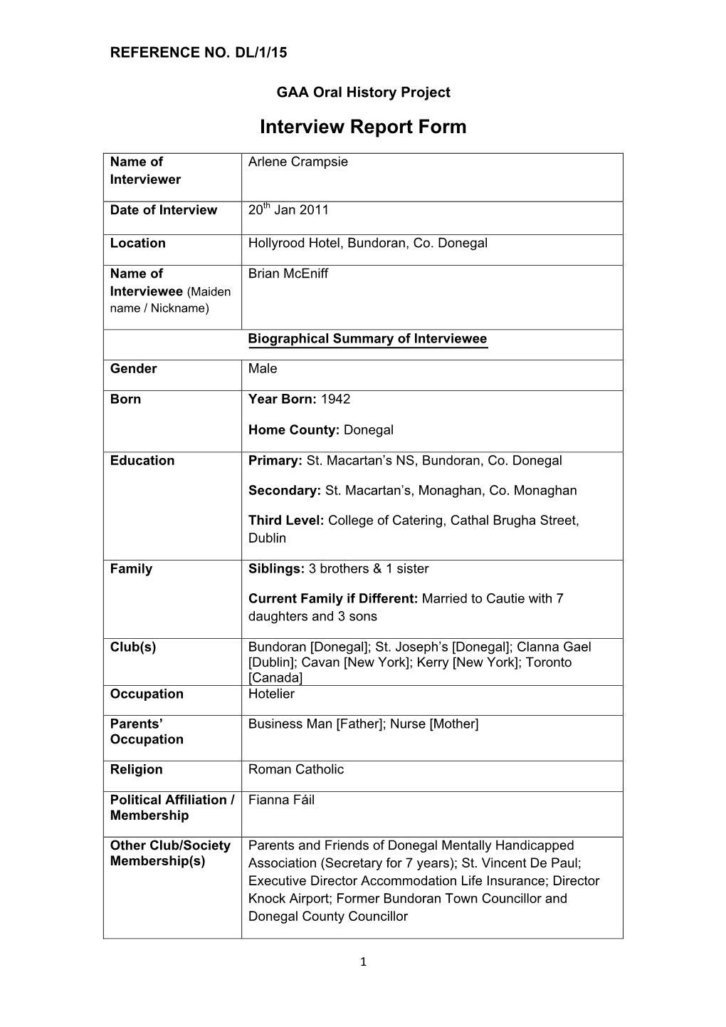 GAA Oral History Project Interview Report Form