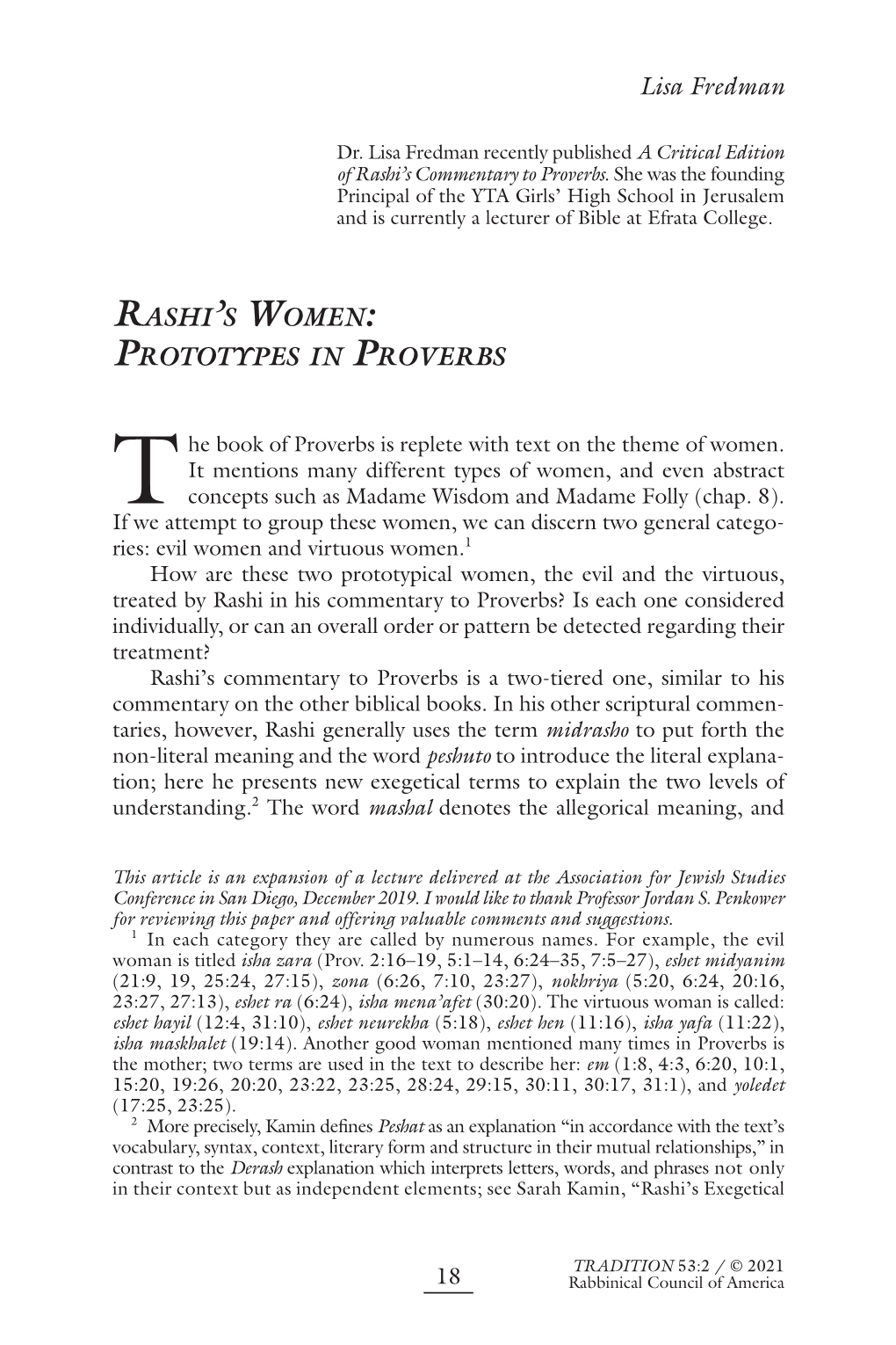 Lisa Fredman RASHI's WOMEN: PROTOTYPES in PROVERBS