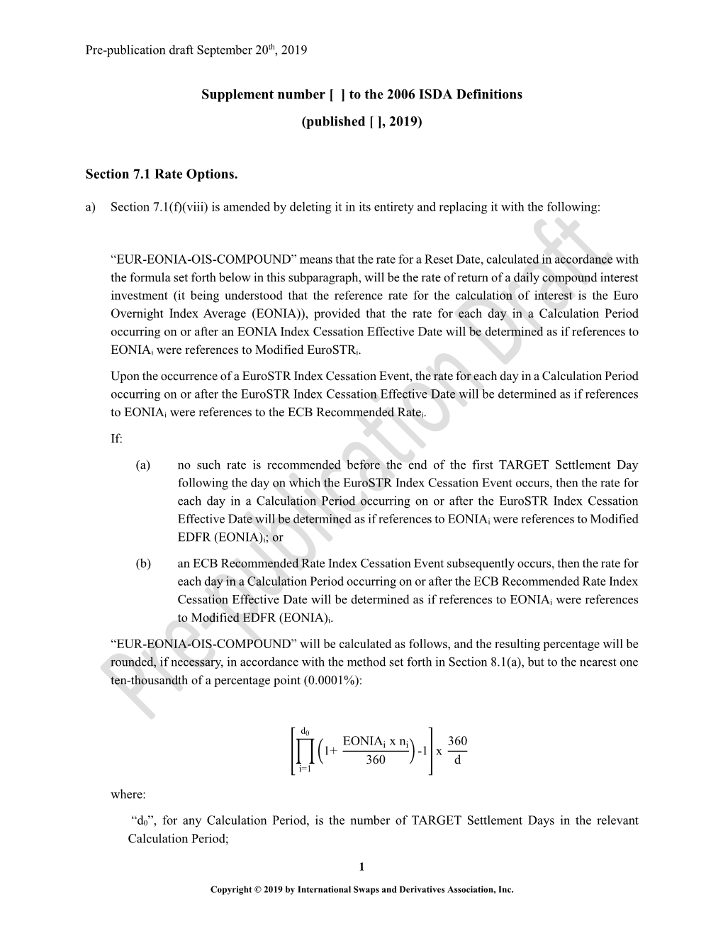 Supplement Number [ ] to the 2006 ISDA Definitions (Published [ ], 2019) Section 7.1 Rate Options