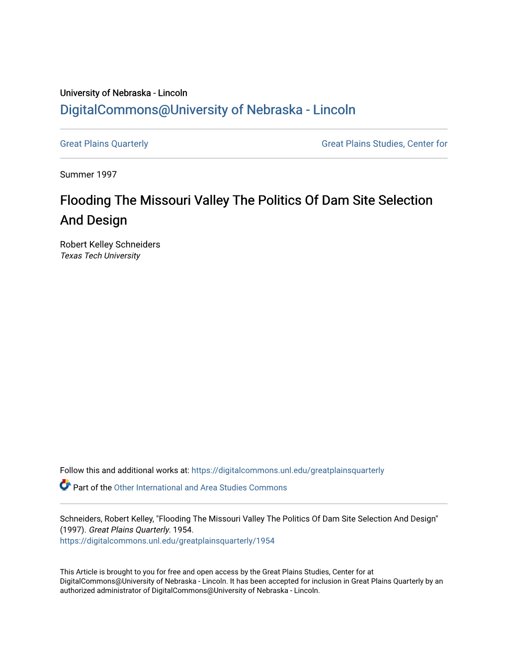 Flooding the Missouri Valley the Politics of Dam Site Selection and Design