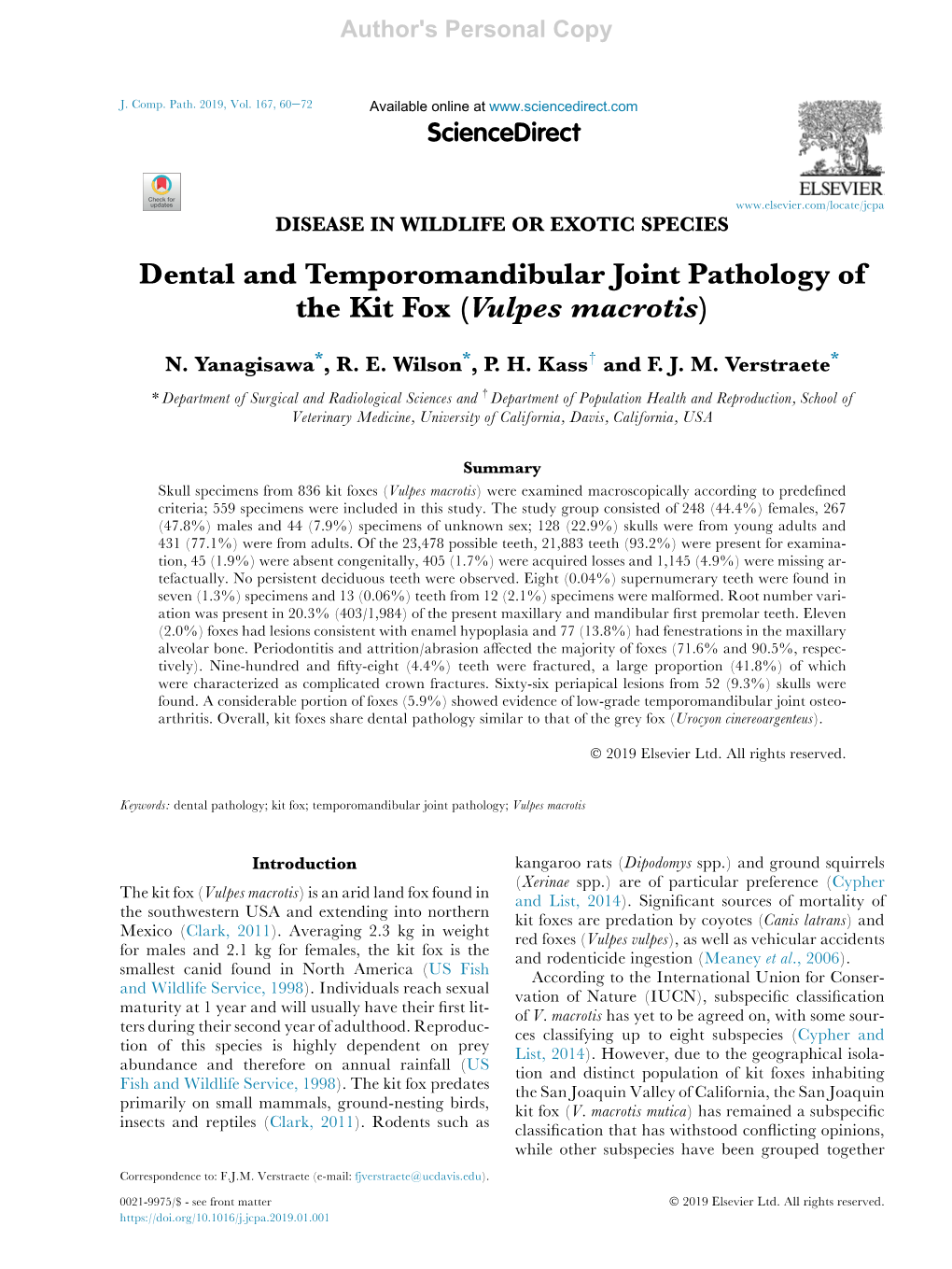 Dental and Temporomandibular Joint Pathology of the Kit Fox (Vulpes Macrotis)