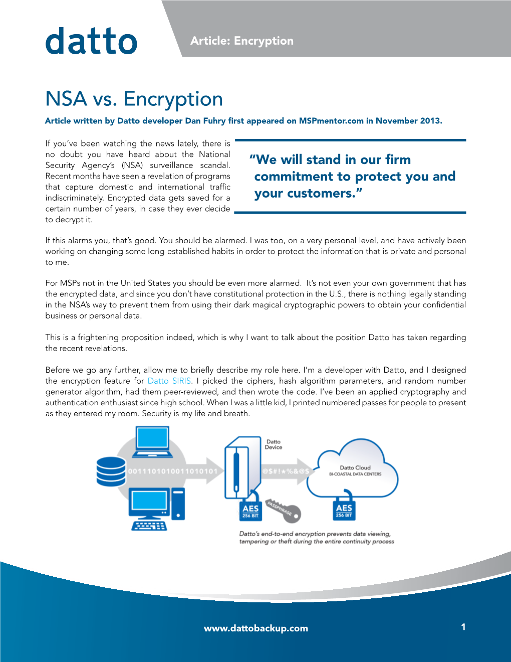 NSA Vs. Encryption Article Written by Datto Developer Dan Fuhry First Appeared on Mspmentor.Com in November 2013