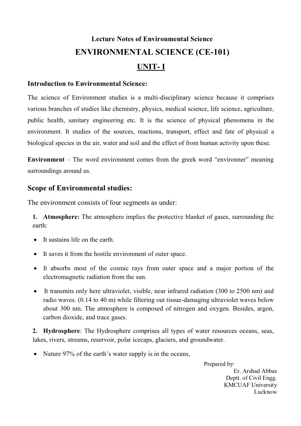 Environmental Science (Ce-101) Unit- I