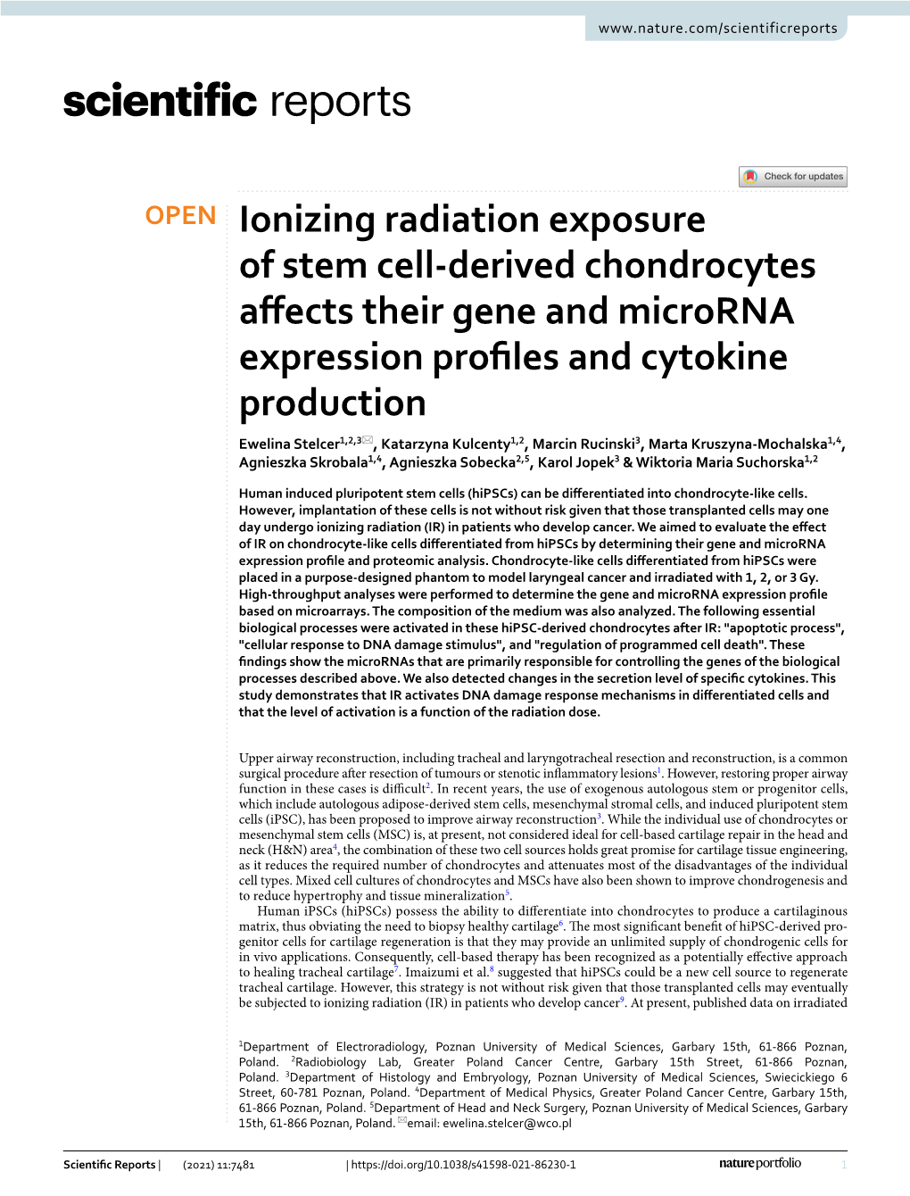 Ionizing Radiation Exposure of Stem Cell-Derived Chondrocytes Affects