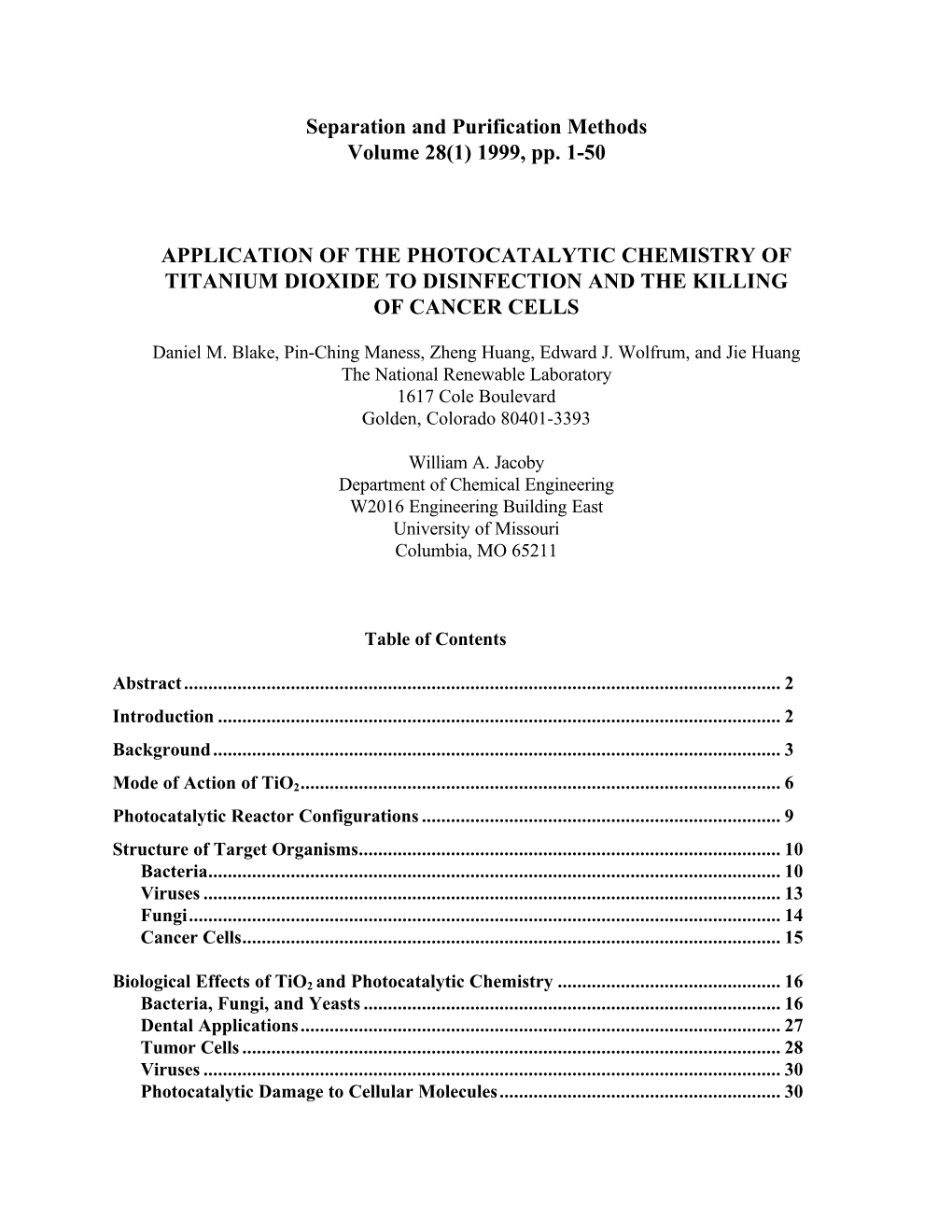 Application of the Photocatalytic Chemistry of Titanium Dioxide to Disinfection and the Killing of Cancer Cells