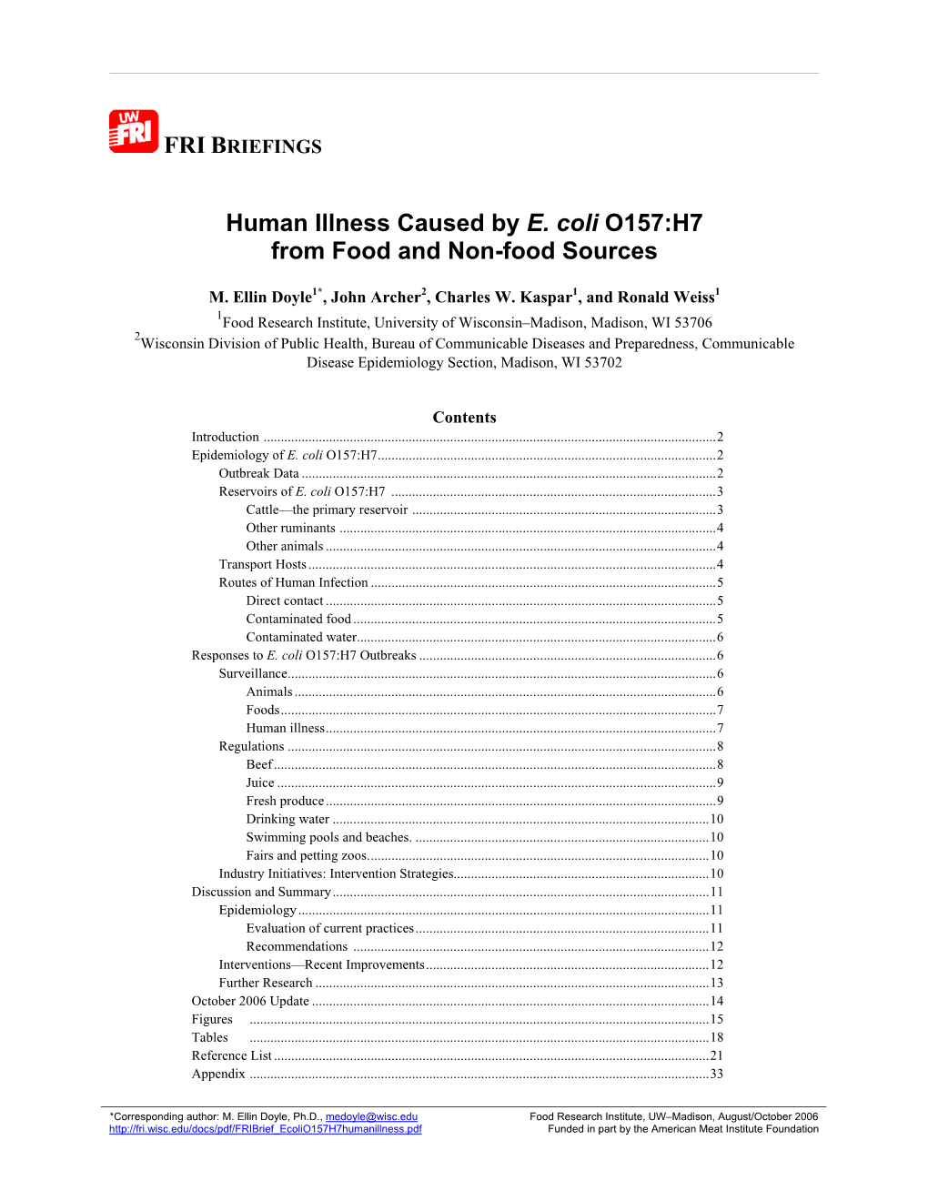 Human Illness Caused by E. Coli O157:H7 from Food and Non-Food Sources