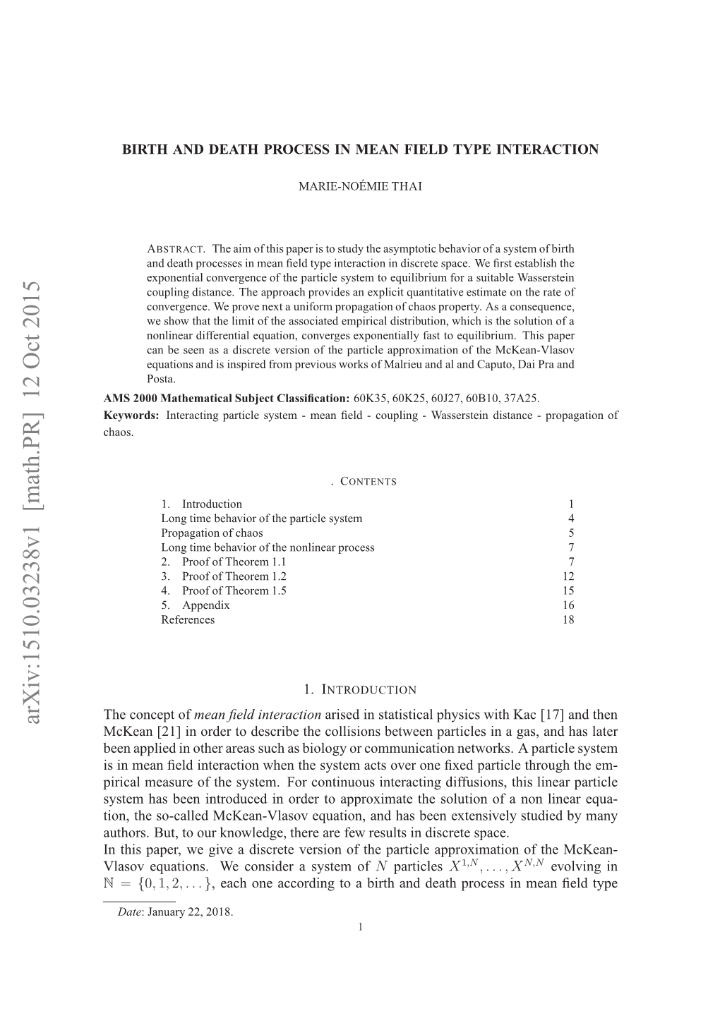 Birth and Death Process in Mean Field Type Interaction