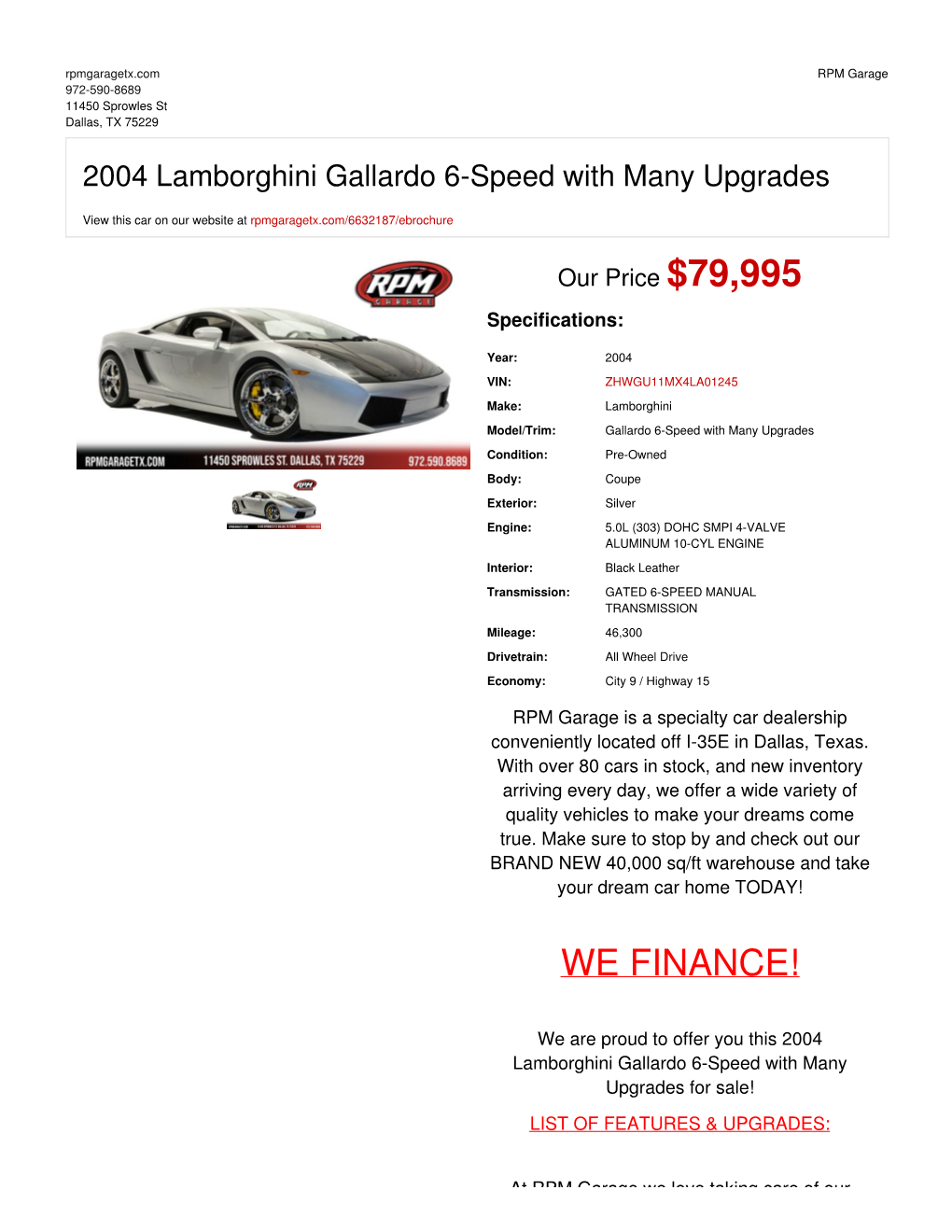 2004 Lamborghini Gallardo 6-Speed with Many Upgrades | Dallas, TX