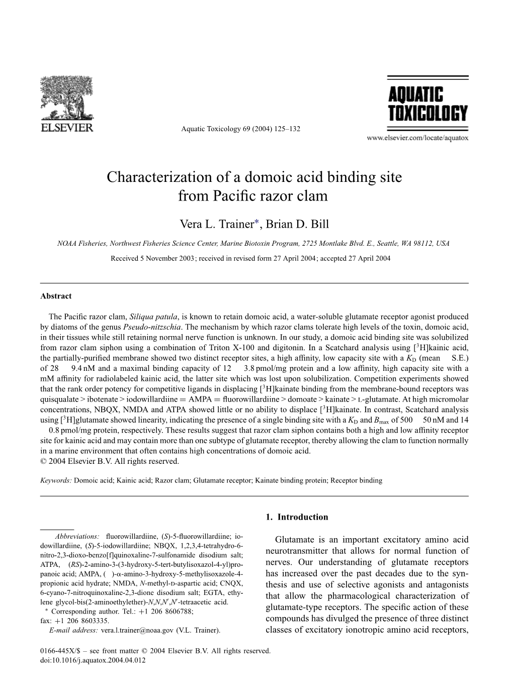 Characterization of a Domoic Acid Binding Site from Pacific Razor Clam