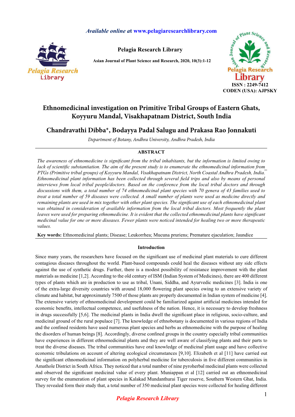 Ethnomedicinal Investigation on Primitive Tribal Groups of Eastern Ghats, Koyyuru Mandal, Visakhapatnam District, South India