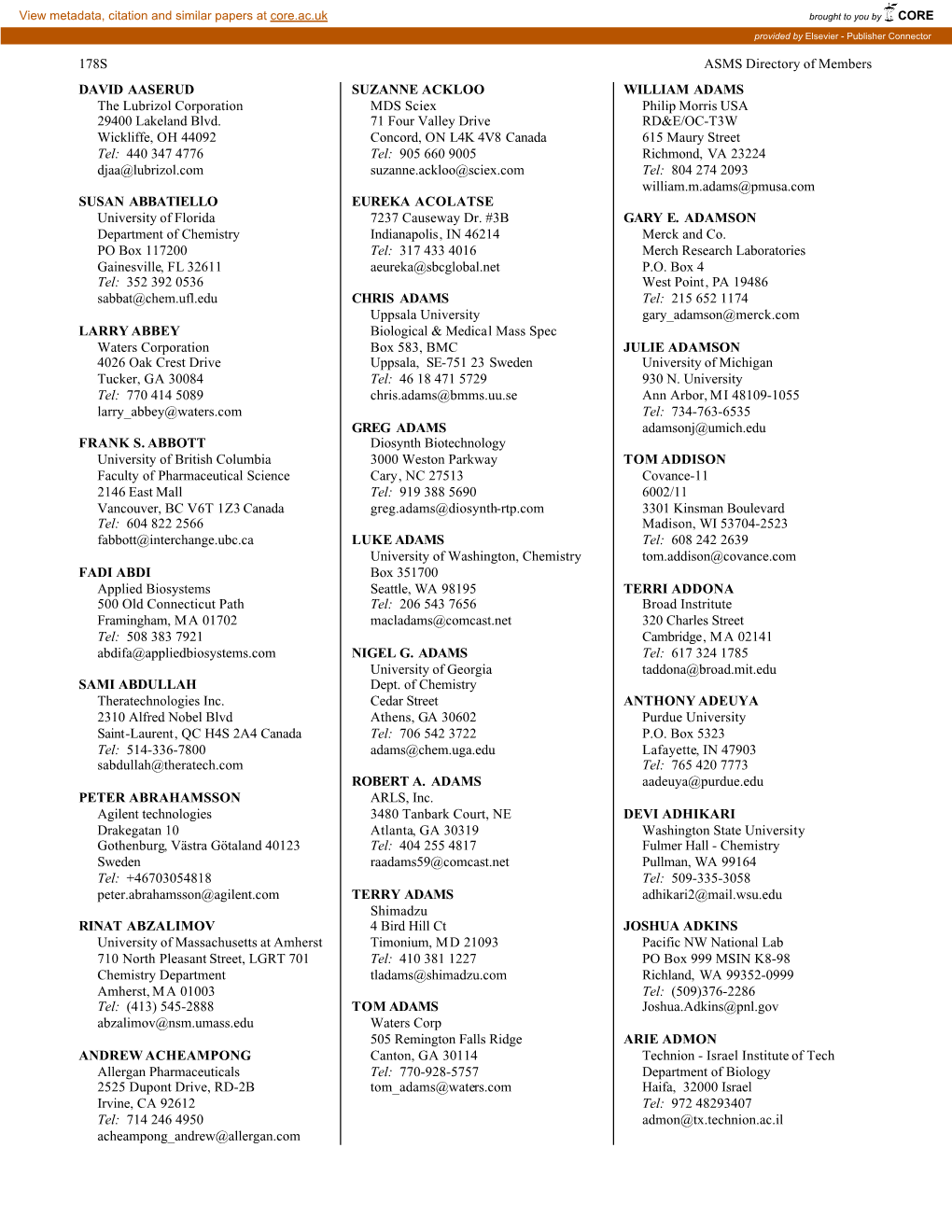 178S ASMS Directory of Members DAVID AASERUD the Lubrizol