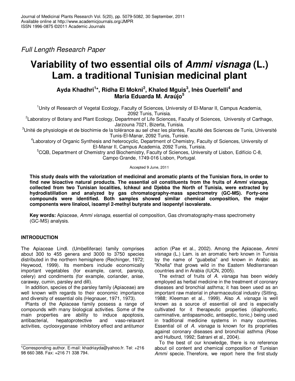 Variability of Two Essential Oils of Ammi Visnaga (L.) Lam
