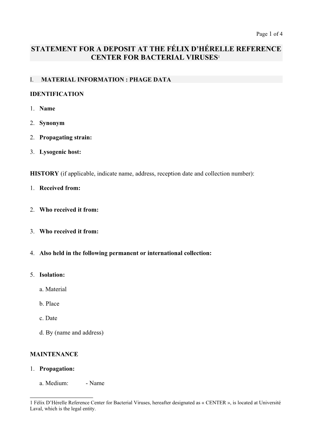 Statement for a Deposit at the Félix D Hérelle Reference Center for Bacterial Viruses 1