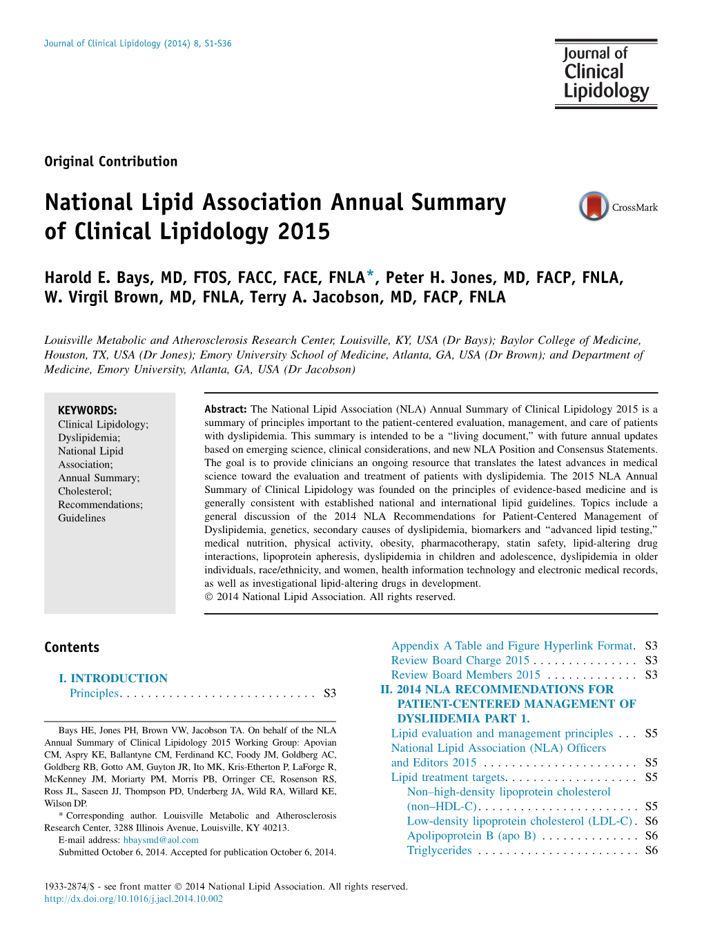 National Lipid Association Annual Summary of Clinical Lipidology 2015