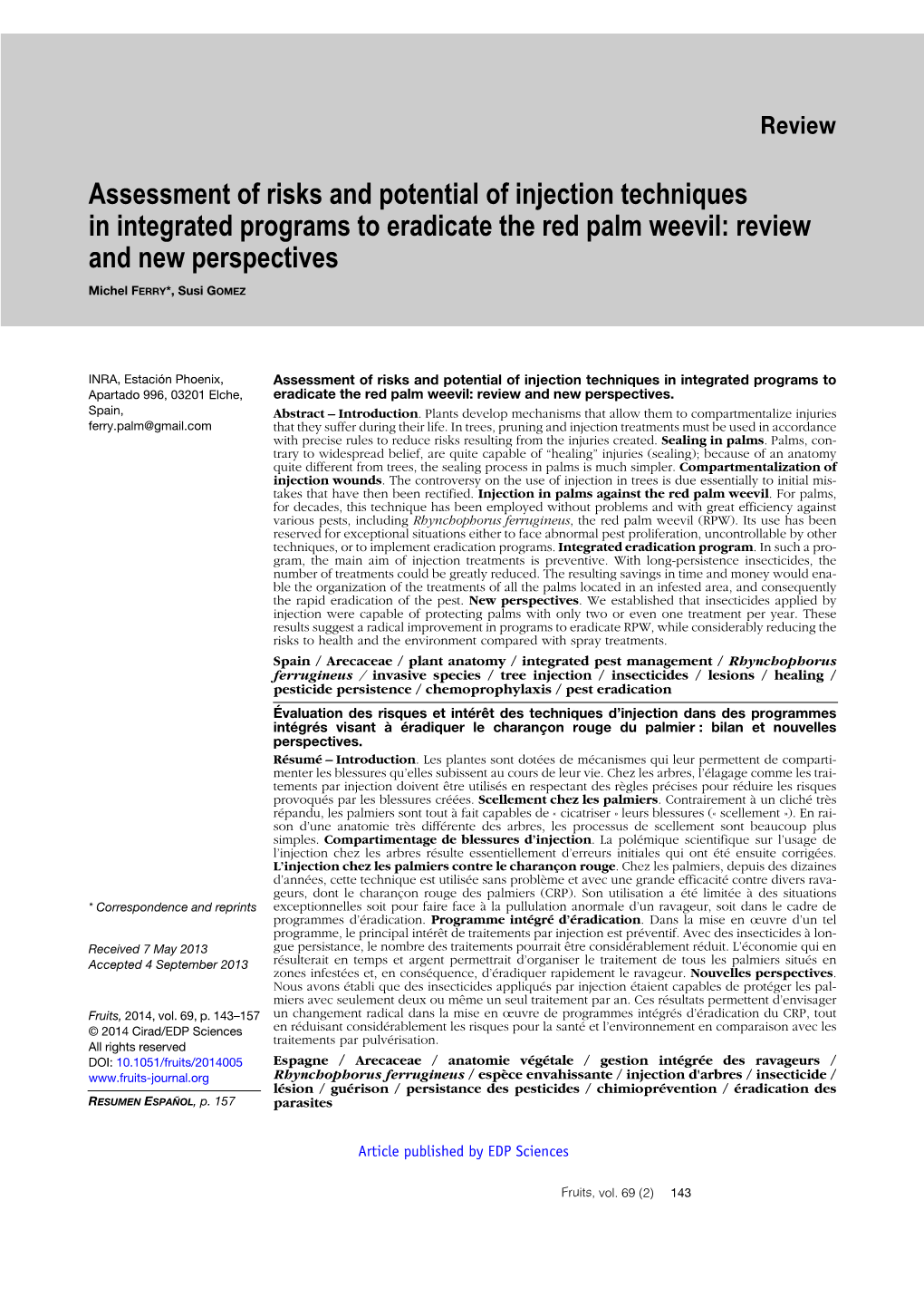 Assessment of Risks and Potential of Injection Techniques in Integrated Programs to Eradicate the Red Palm Weevil: Review and New Perspectives