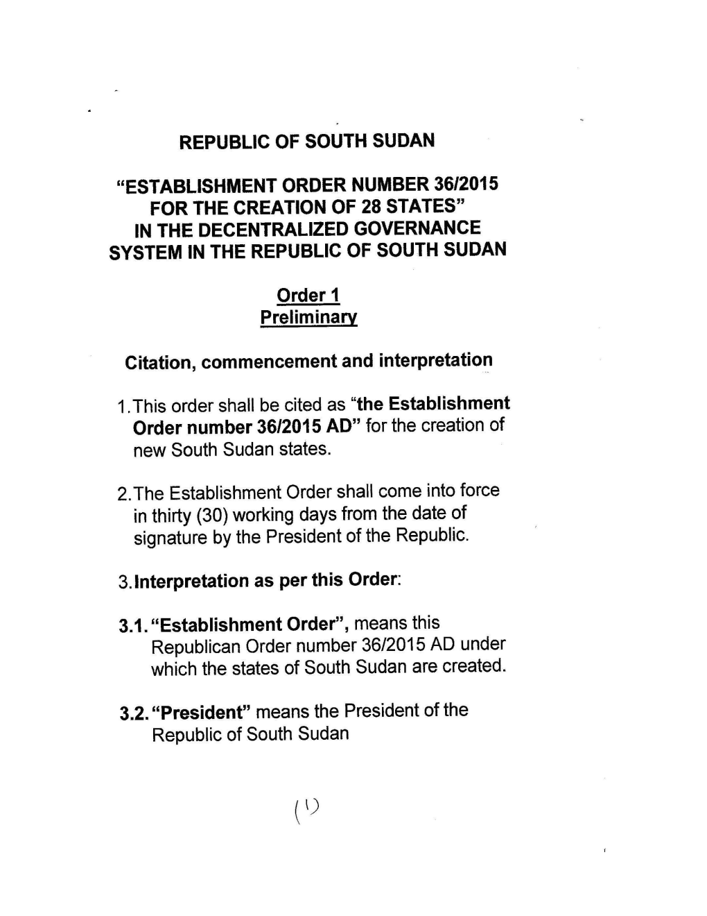 Republic of South Sudan "Establishment Order