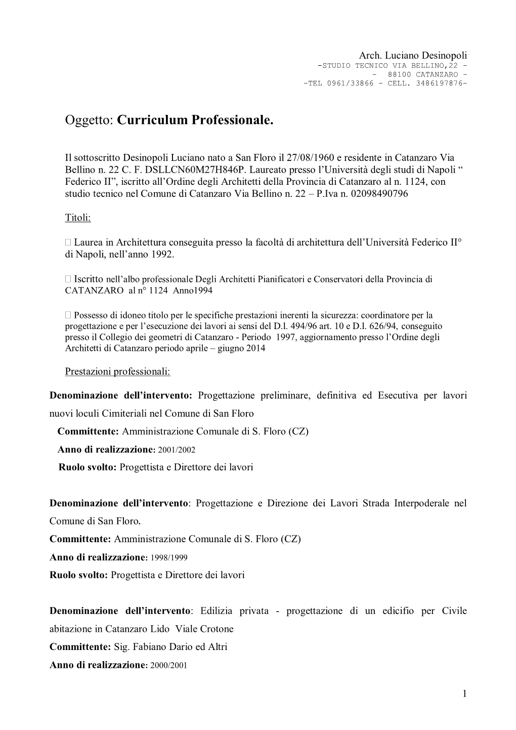 Oggetto: Curriculum Professionale