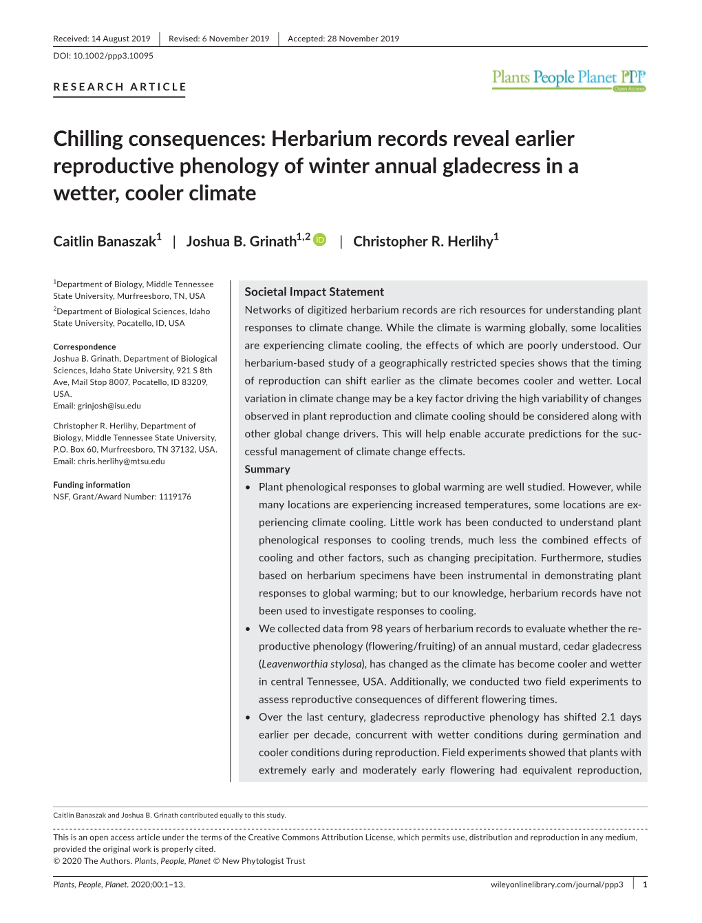 Chilling Consequences: Herbarium Records Reveal Earlier Reproductive Phenology of Winter Annual Gladecress in a Wetter, Cooler Climate