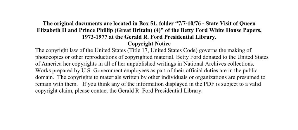 State Visit of Queen Elizabeth II and Prince Phillip (Great Britain) (4)” of the Betty Ford White House Papers, 1973-1977 at the Gerald R