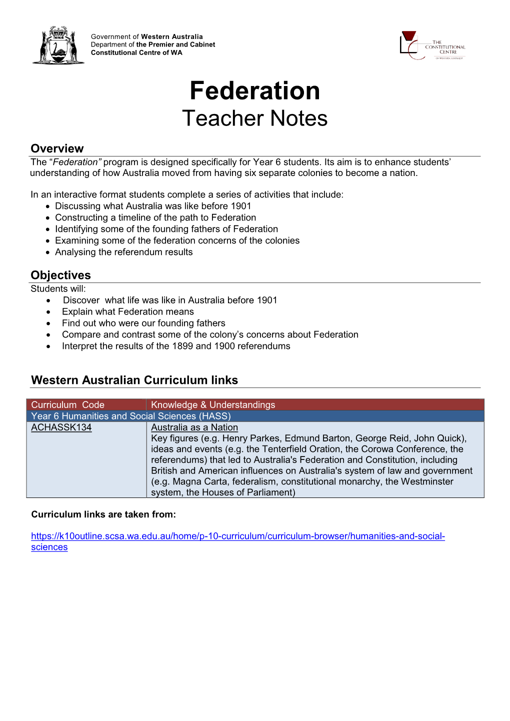 Federation Teacher Notes
