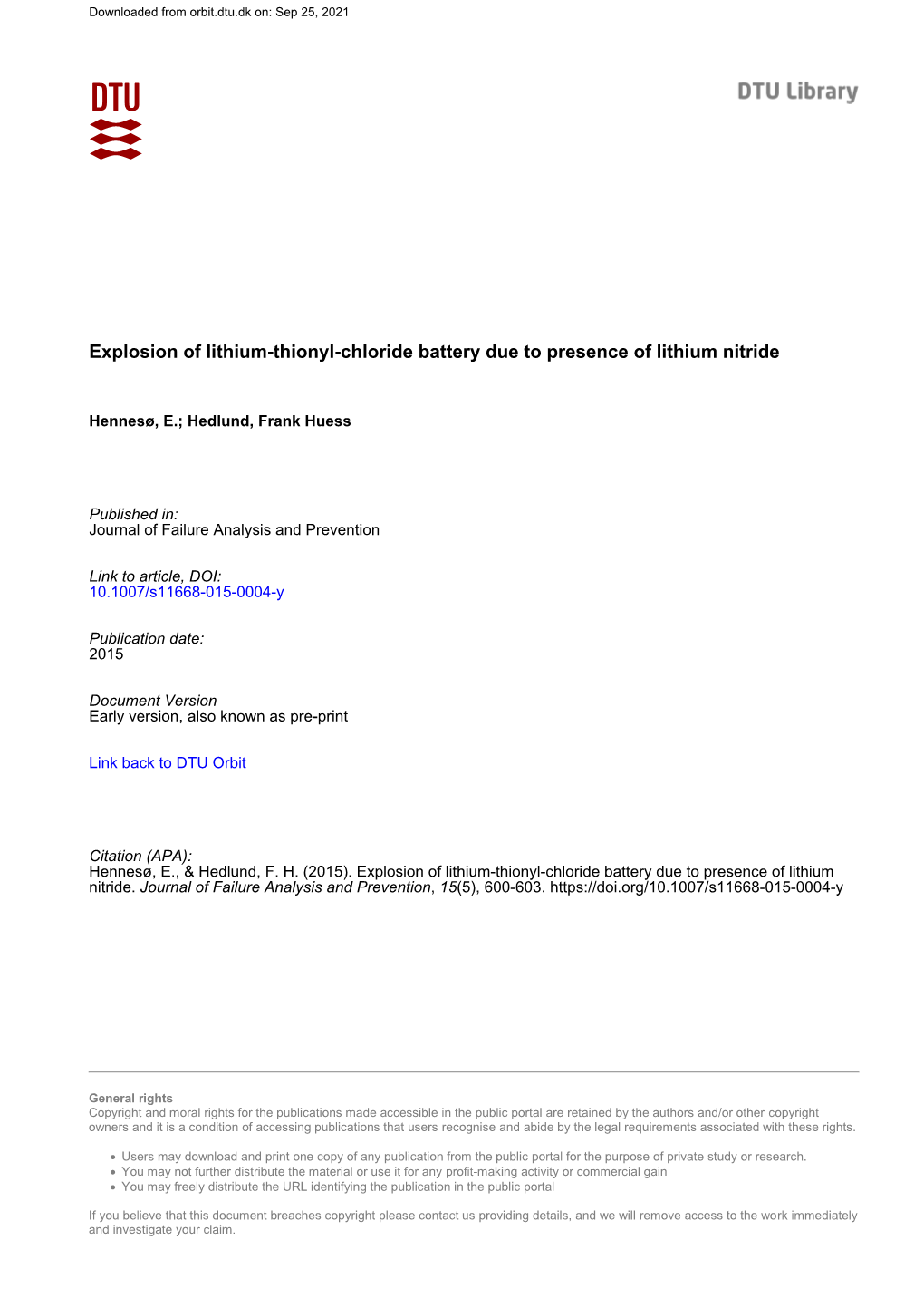 Explosion of Lithium-Thionyl-Chloride Battery Due to Presence of Lithium Nitride