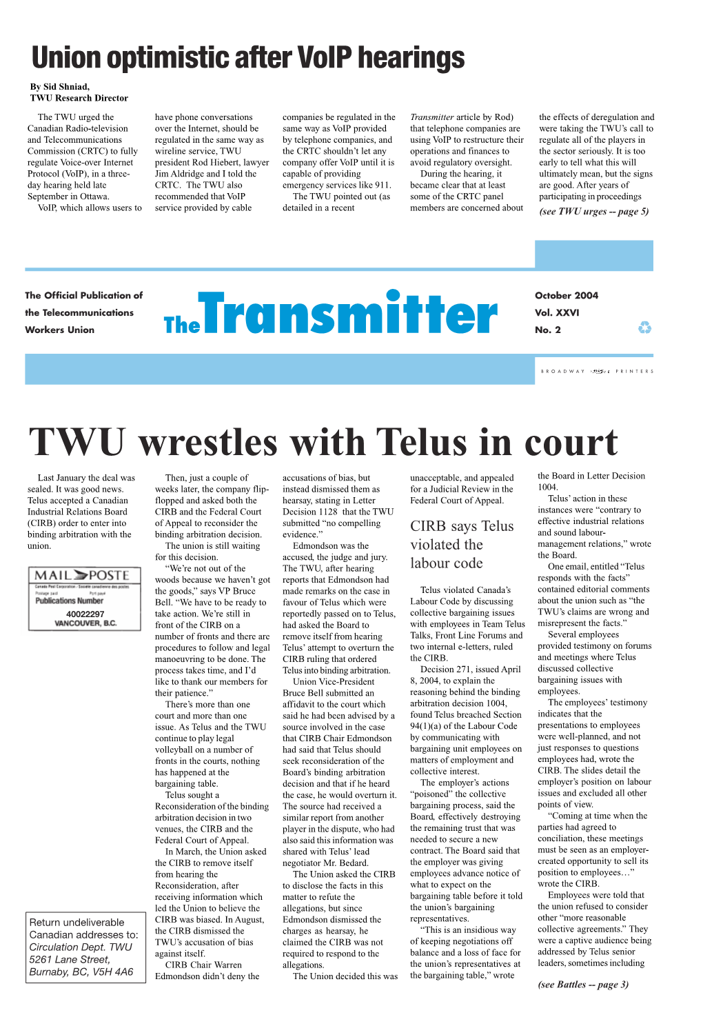 TWU Wrestles with Telus in Court