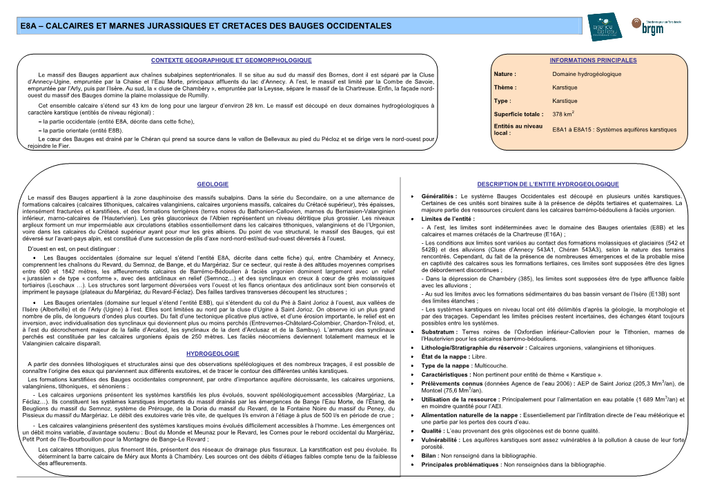 Fiche), Entités Au Niveau E8A1 À E8A15 : Systèmes Aquifères Karstiques La Partie Orientale (Entité E8B)