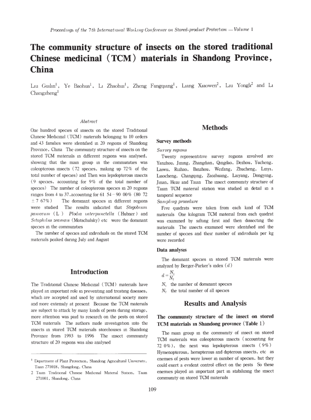 The Community Structure of Insects on the Stored Traditional Chinese Medicinal (TCM) Materials in Shandong Province, China