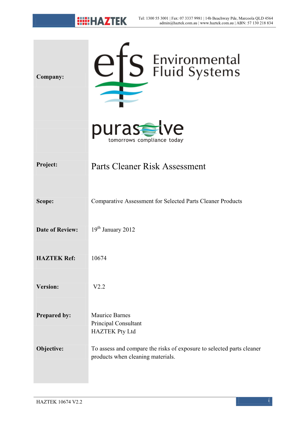 Parts Cleaner Risk Assessment