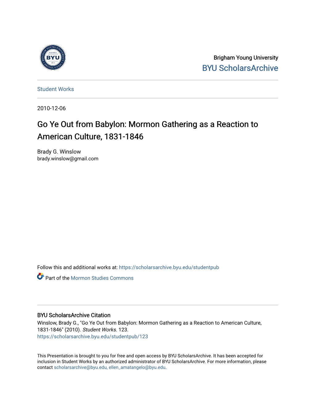 Go Ye out from Babylon: Mormon Gathering As a Reaction to American Culture, 1831-1846