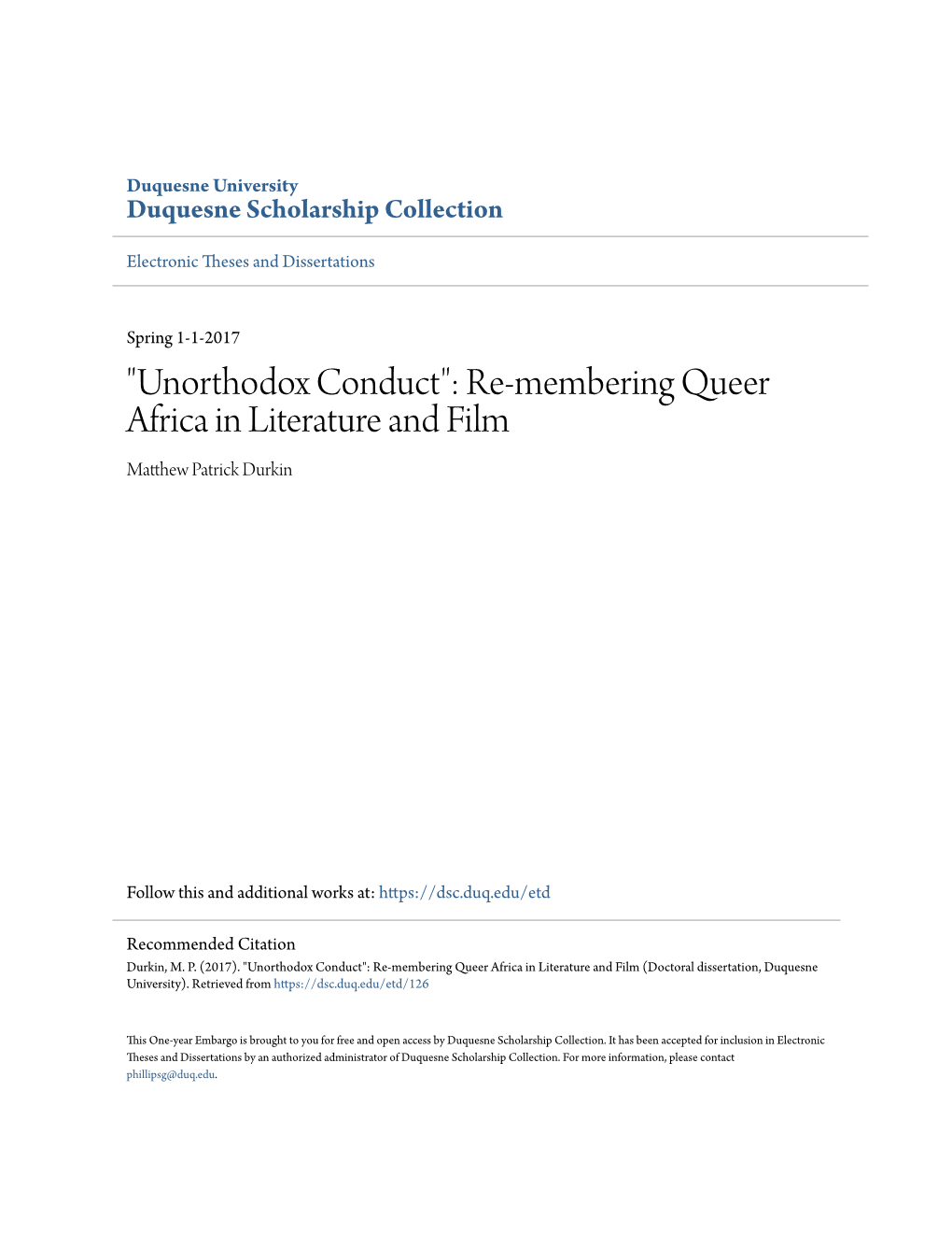 Re-Membering Queer Africa in Literature and Film Matthew Ap Trick Durkin