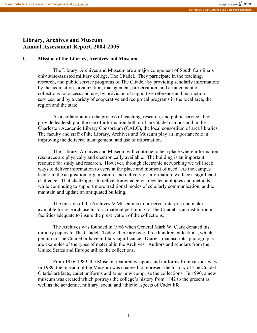 Library, Archives and Museum Annual Assessment Report, 2004-2005