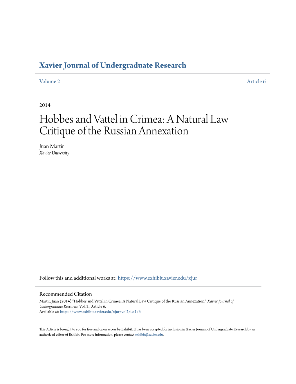 Hobbes and Vattel in Crimea: a Natural Law Critique of the Russian Annexation Juan Martir Xavier University