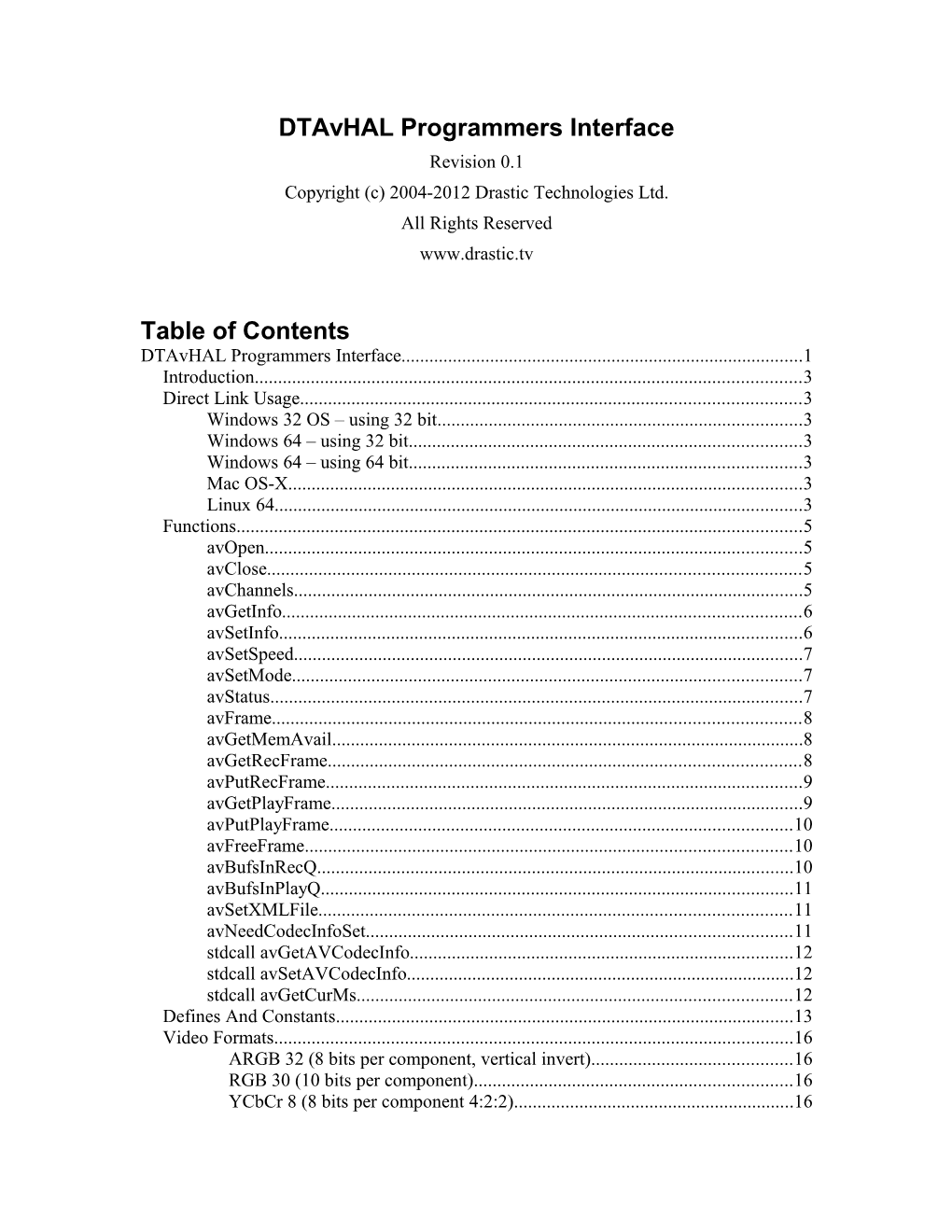 Dtavhal Programmers Interface Table of Contents