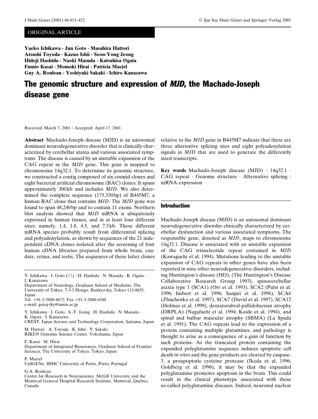 The Genomic Structure and Expression of MJD, the Machado-Joseph Disease Gene