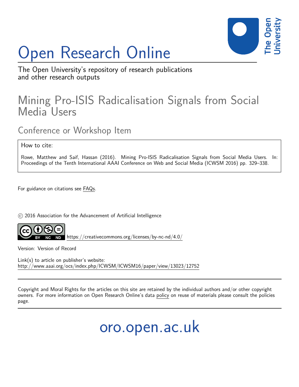 Mining Pro-ISIS Radicalisation Signals from Social Media Users Conference Or Workshop Item