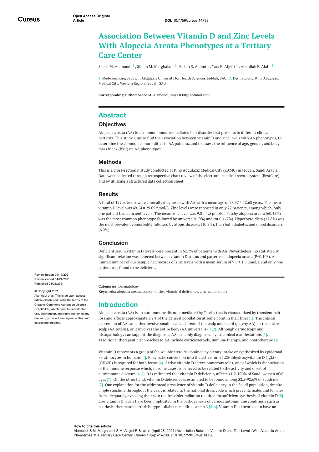 Association Between Vitamin D and Zinc Levels with Alopecia Areata Phenotypes at a Tertiary Care Center