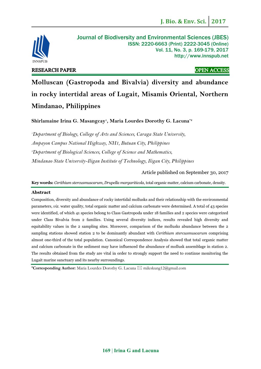 Molluscan (Gastropoda and Bivalvia) Diversity and Abundance in Rocky Intertidal Areas of Lugait, Misamis Oriental, Northern Mindanao, Philippines