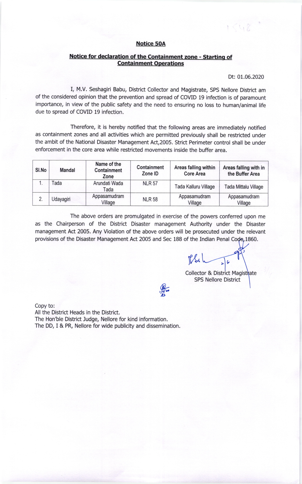 Notice 50A Notice for Declaration of the Containment Zone