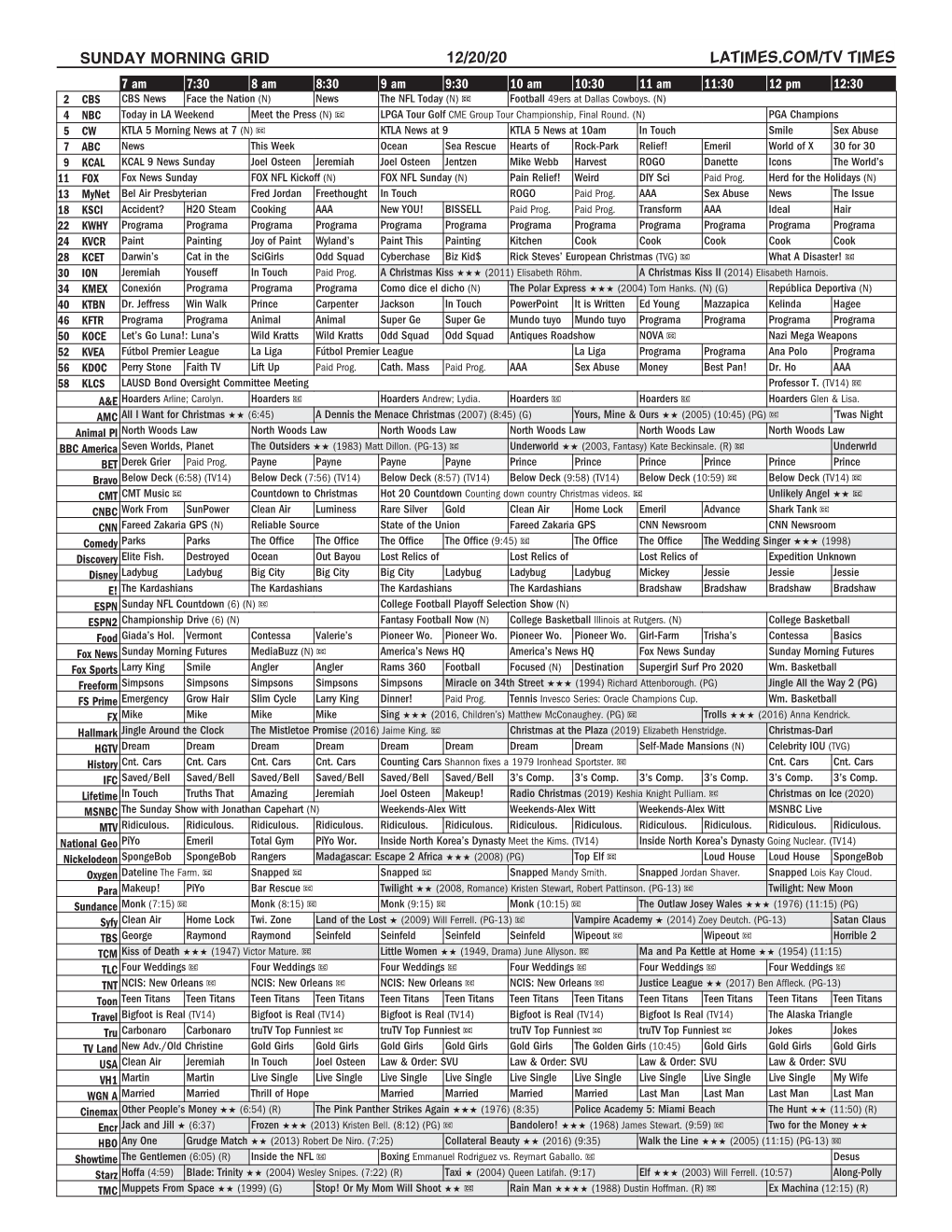 Sunday Morning Grid 12/20/20 Latimes.Com/Tv Times