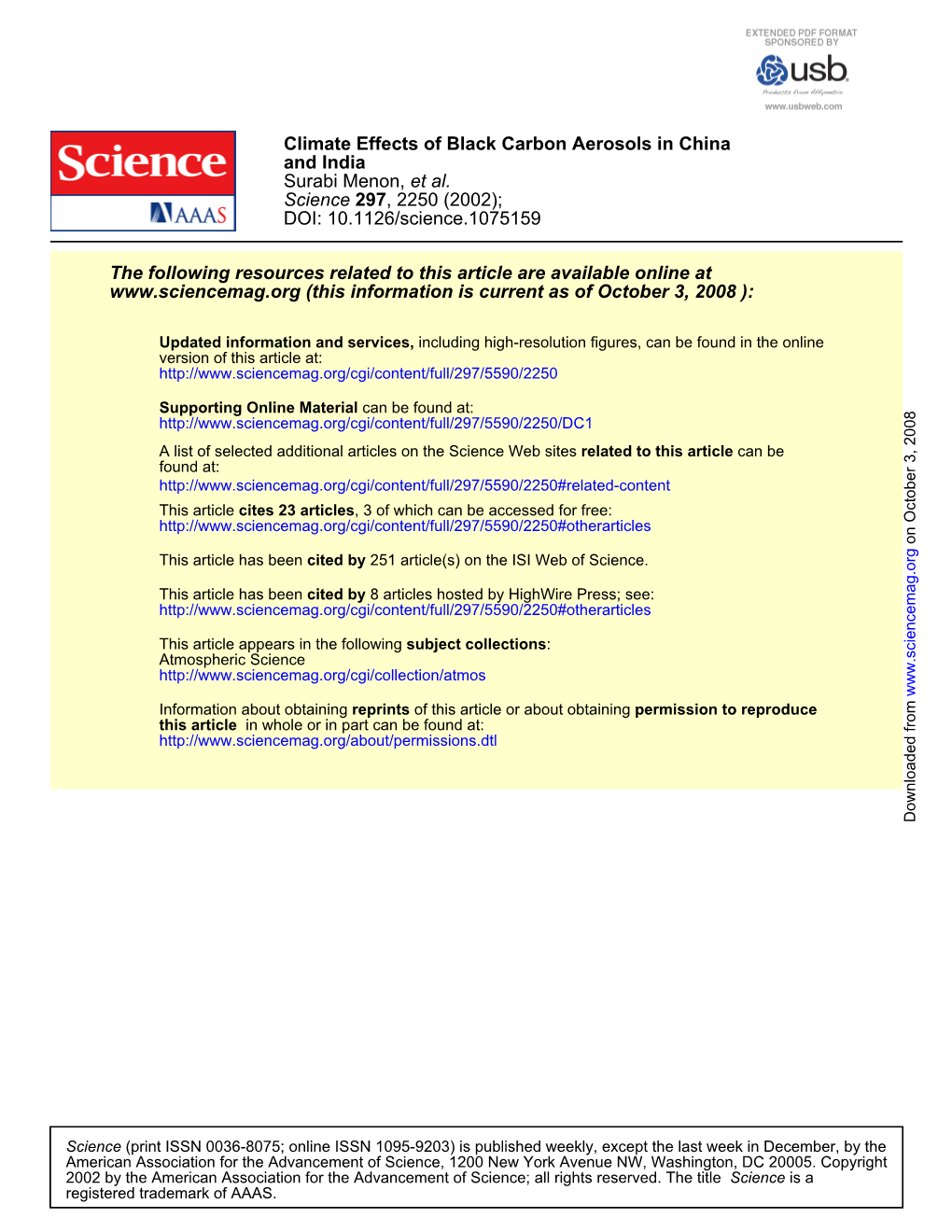 Climate Effects of Black Carbon Aerosols in China and India Surabi Menon, Et Al