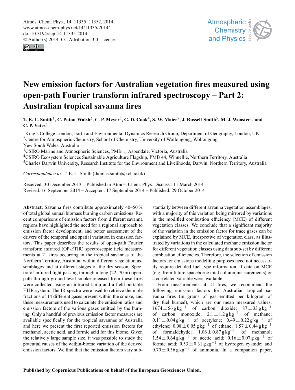 New Emission Factors for Australian Vegetation Fires Measured Using