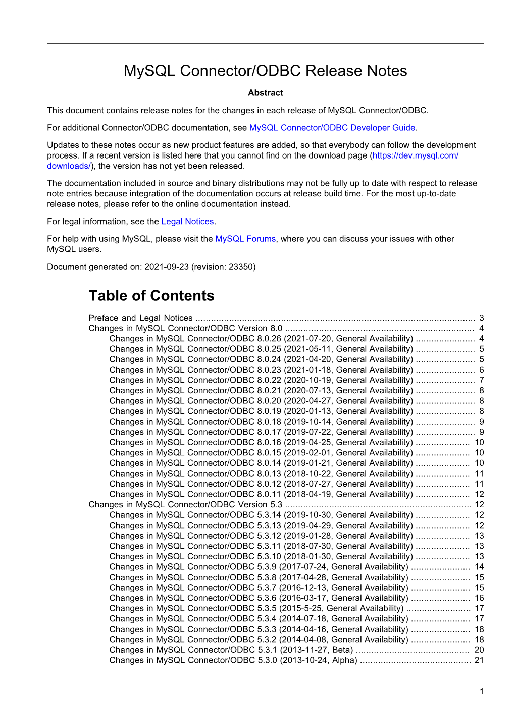 Mysql Connector/ODBC Release Notes