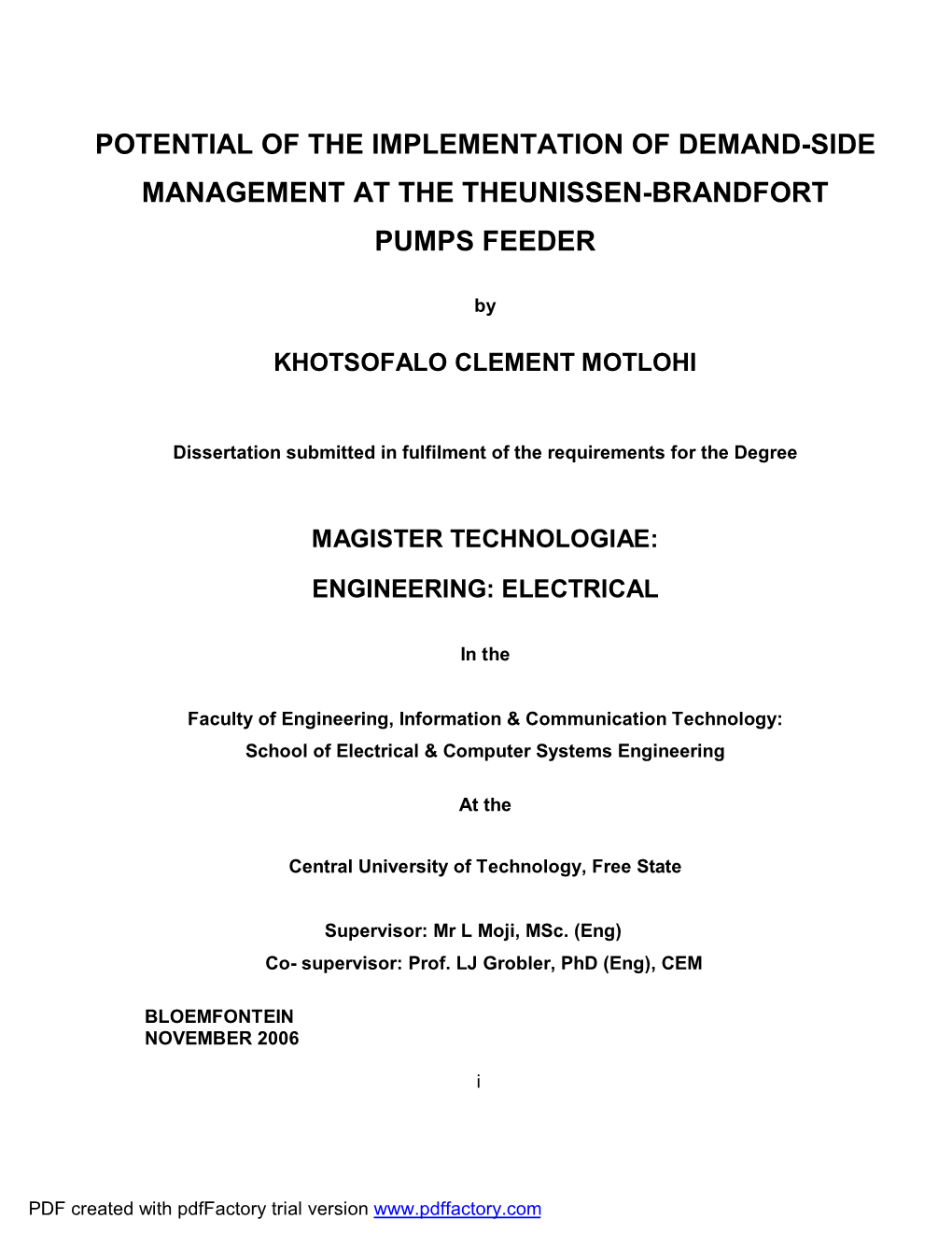 Potential of the Implementation of Demand-Side Management at the Theunissen-Brandfort Pumps Feeder