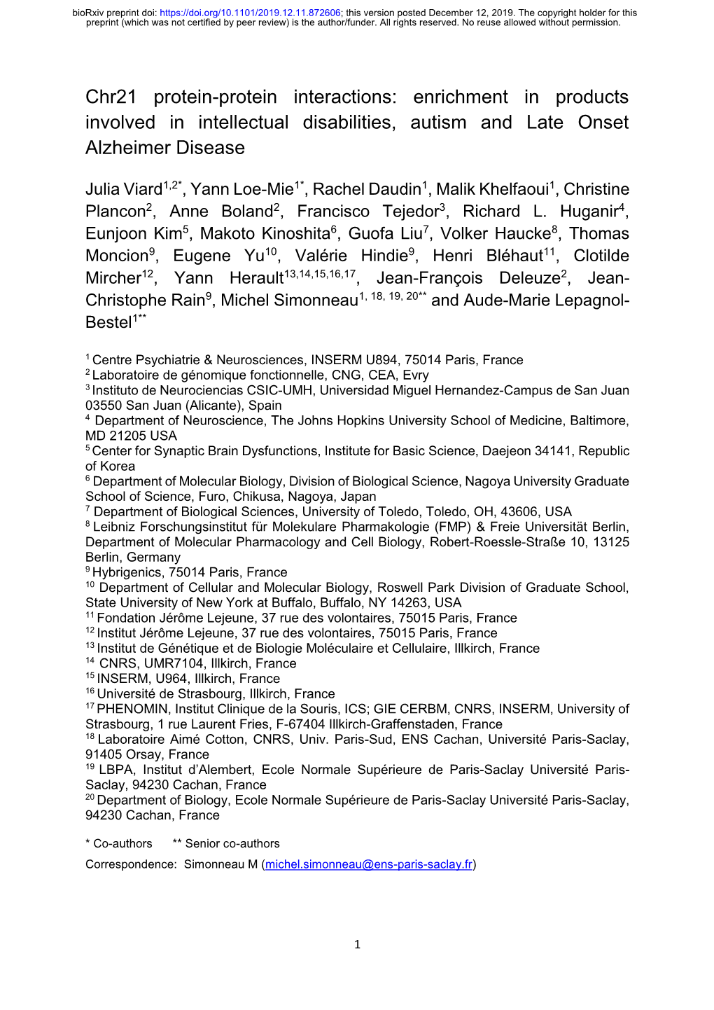 Chr21 Protein-Protein Interactions: Enrichment in Products Involved in Intellectual Disabilities, Autism and Late Onset Alzheimer Disease